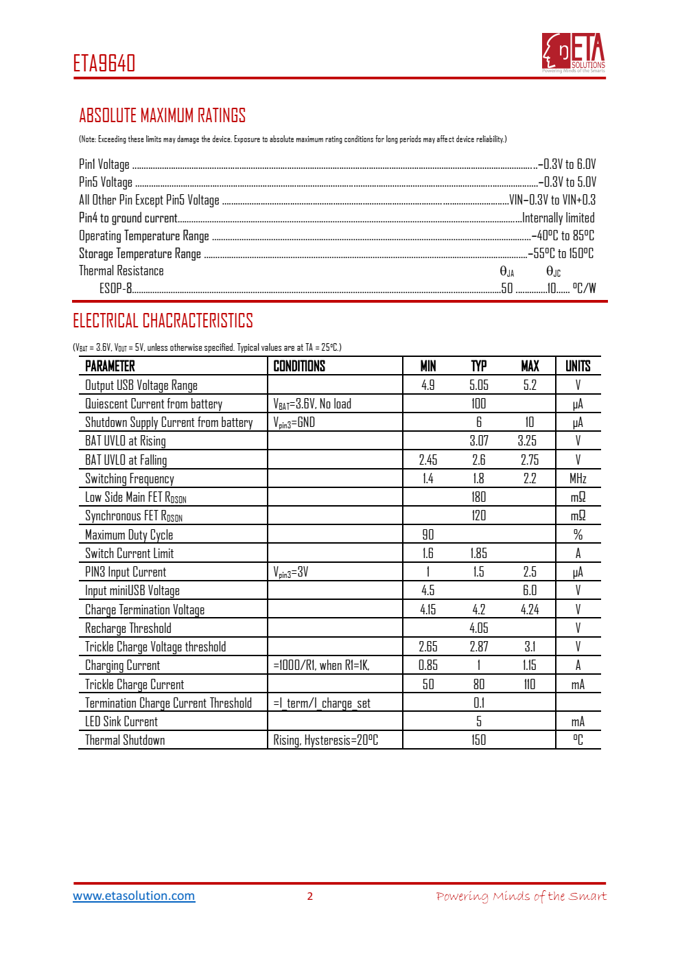 ETA9640是一款完全集成的电源管理单元，专为电源组、移动充电器、备用电池充电器应用而设计