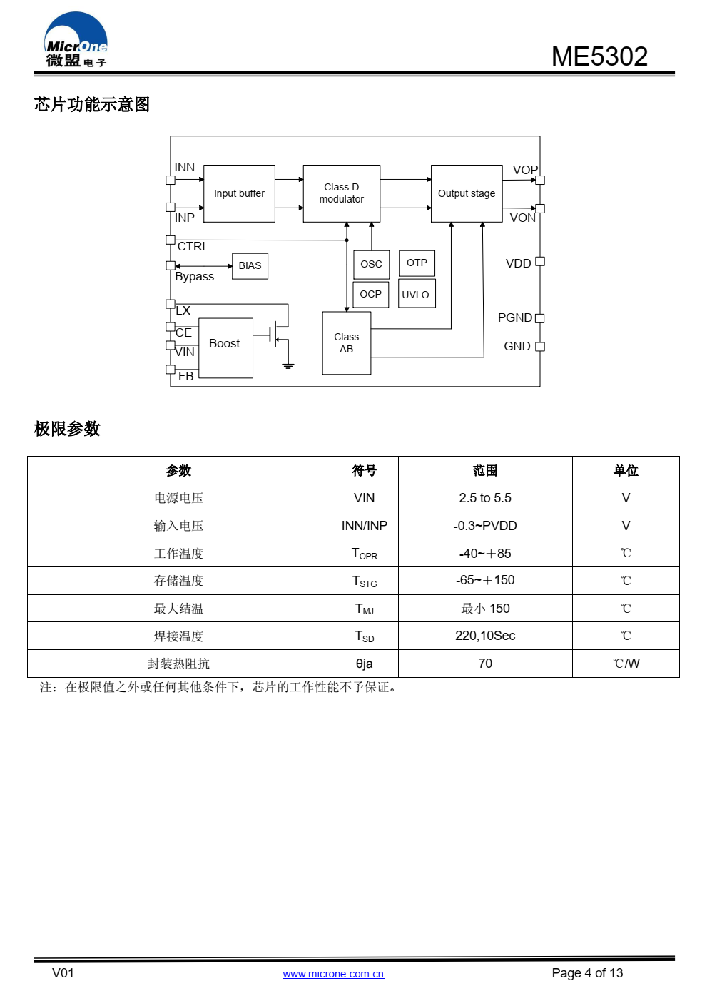 ME5302是一款集成了BOOST升压模块，带AB类/D 类工作模式切换功能、 4W单声道音频功放