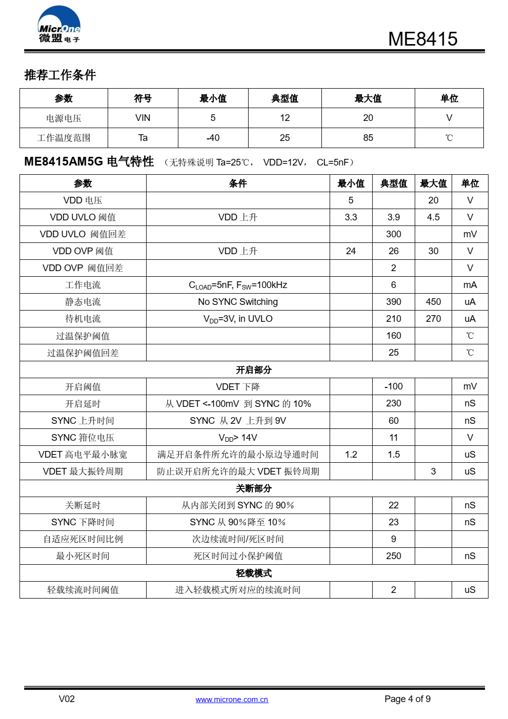 ME8415是一款ACDC次边同步整流控制芯片。芯 片可支持5~20V的工作电压，能兼容CCM、 DCM、 QR 等工作模式