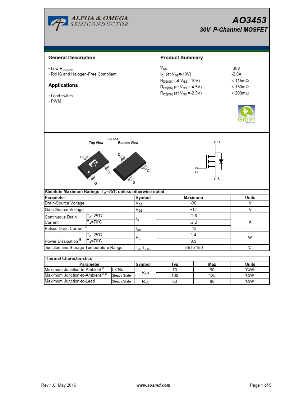 AO3453 30V P沟道MOSFET