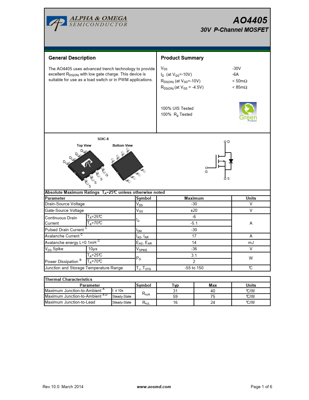 AO4405 30V P沟道MOSFET