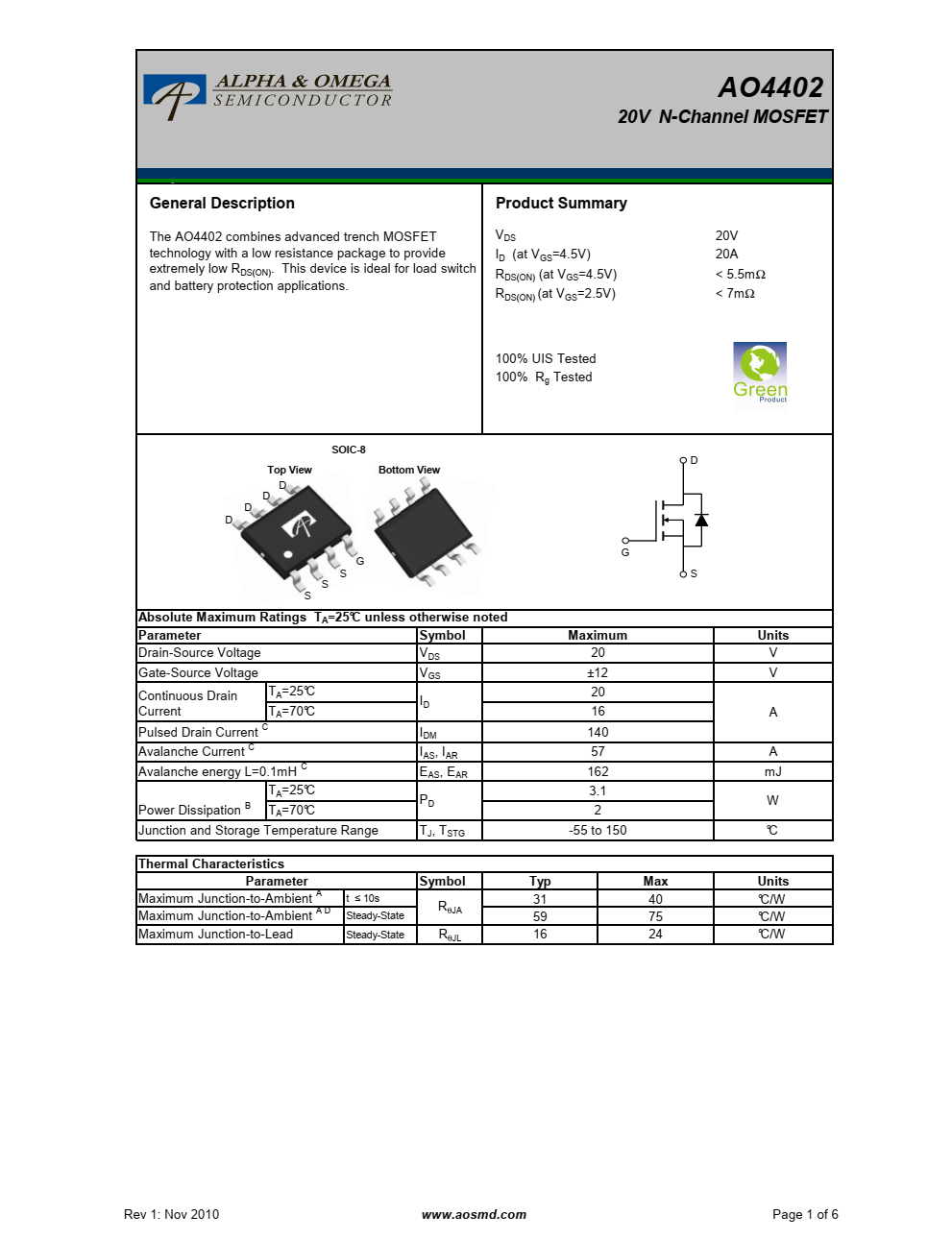 AO4402结合了先进的沟道MOSFET采用低电阻封装技术