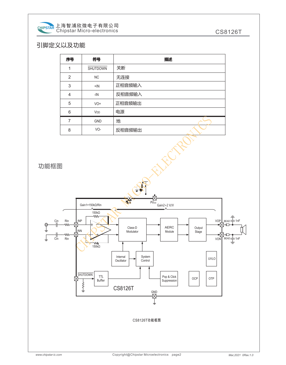 CS8126T是一款高效率,超低EM,3.1W单声道D类音频放大器