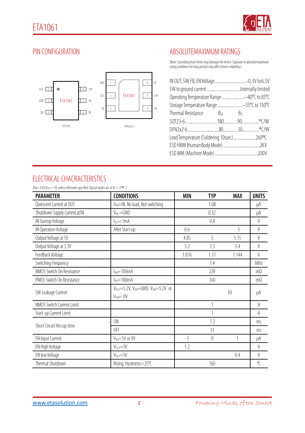ETA1061是一种高效同步升压转换器，具有超低至lua的超w静态电流。