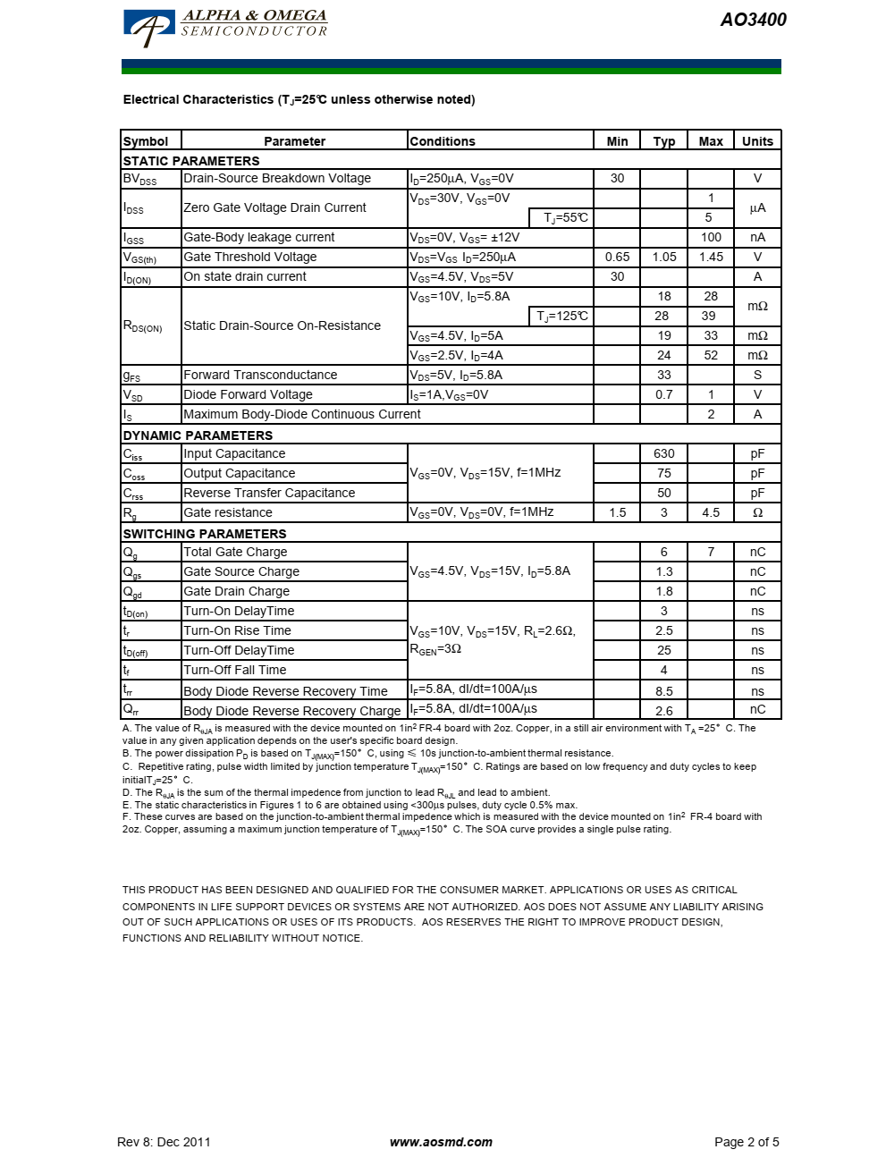 AO3400将先进的沟道MOSFET技术与低电阻封装相结合，提供极低的RDS（ON）