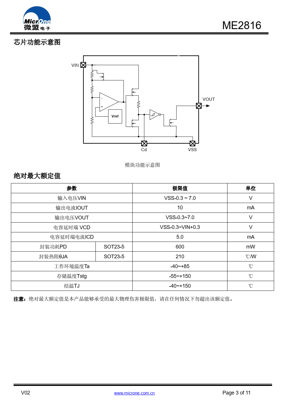 ME2816 是一系列高精度、低消耗电流电压检测器， 内置延时电路，可通过 Cd 端连接电容获得任意解除电压 延时时间。 ME2816 采用 N 沟道开漏输出