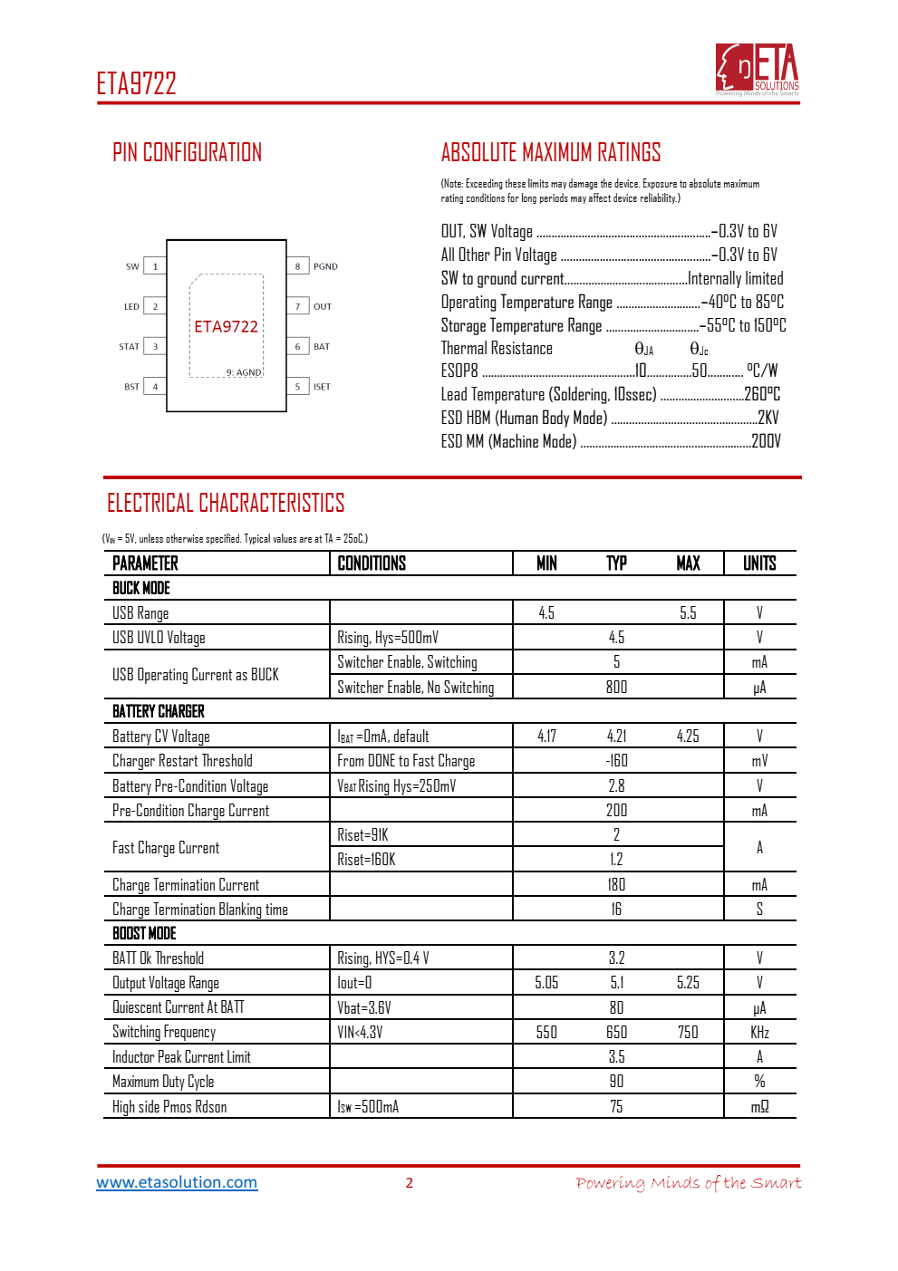 ETA9722是一款开关式锂离子电池充电器，能够向电池提供高达1 ZA的充电电流，并且在升压操作中能够提供高达V/2A的电压，在充电模式和升压模式下都具有较高的效率