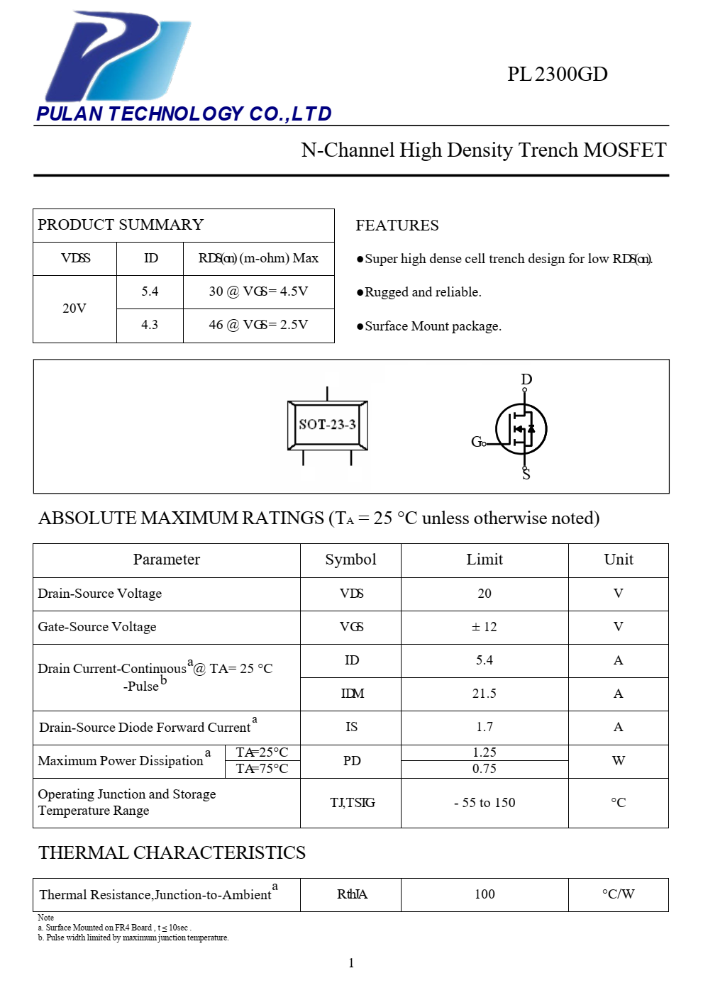 PL2300GD N沟道高密度沟道MOSFET