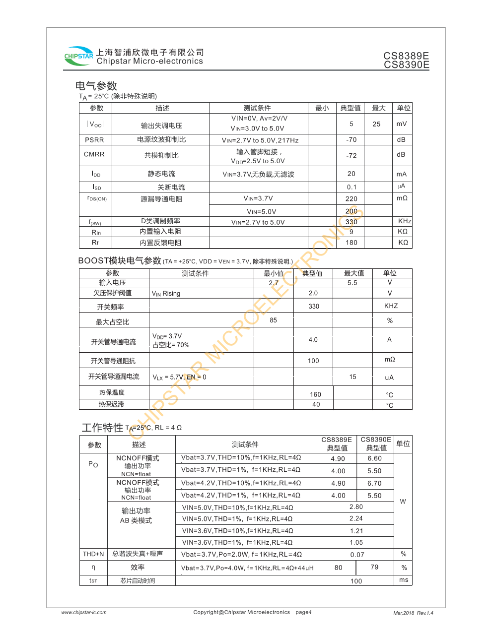 CS8389E/CS8390E是一款内置 BOOST升压模块带防破音功能R类音频功率放大器