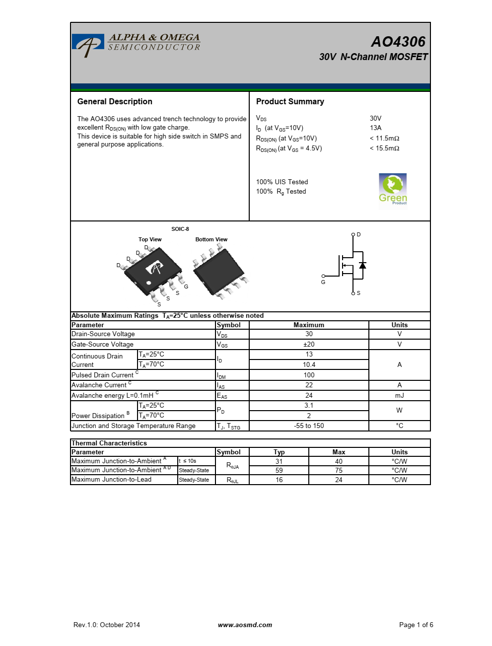 AO4306采用先进的沟槽技术提供优秀的R的DS（ON）