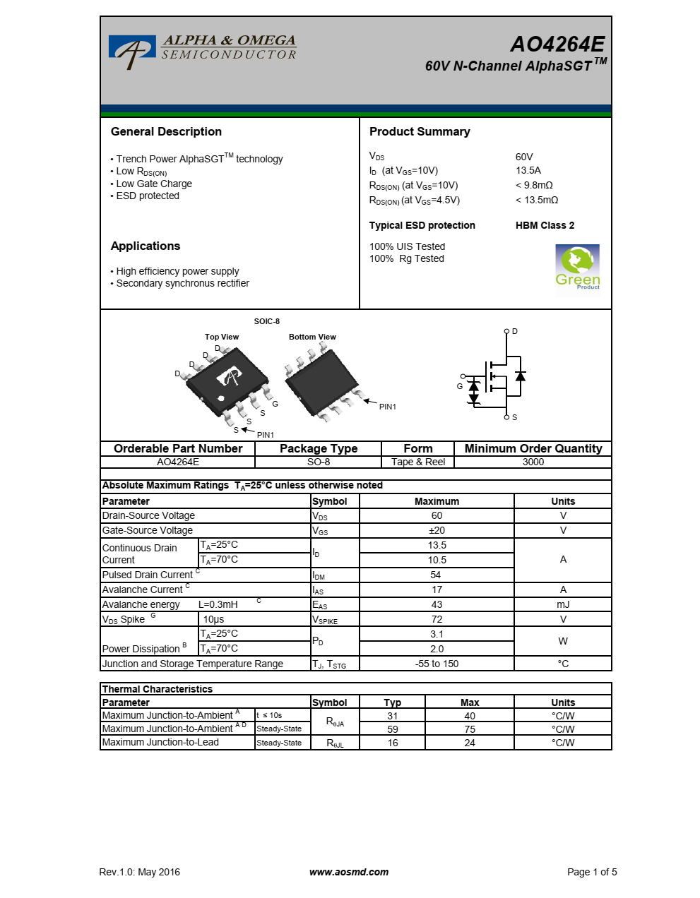 AO4264E  60V N通道AlphaSGT TM