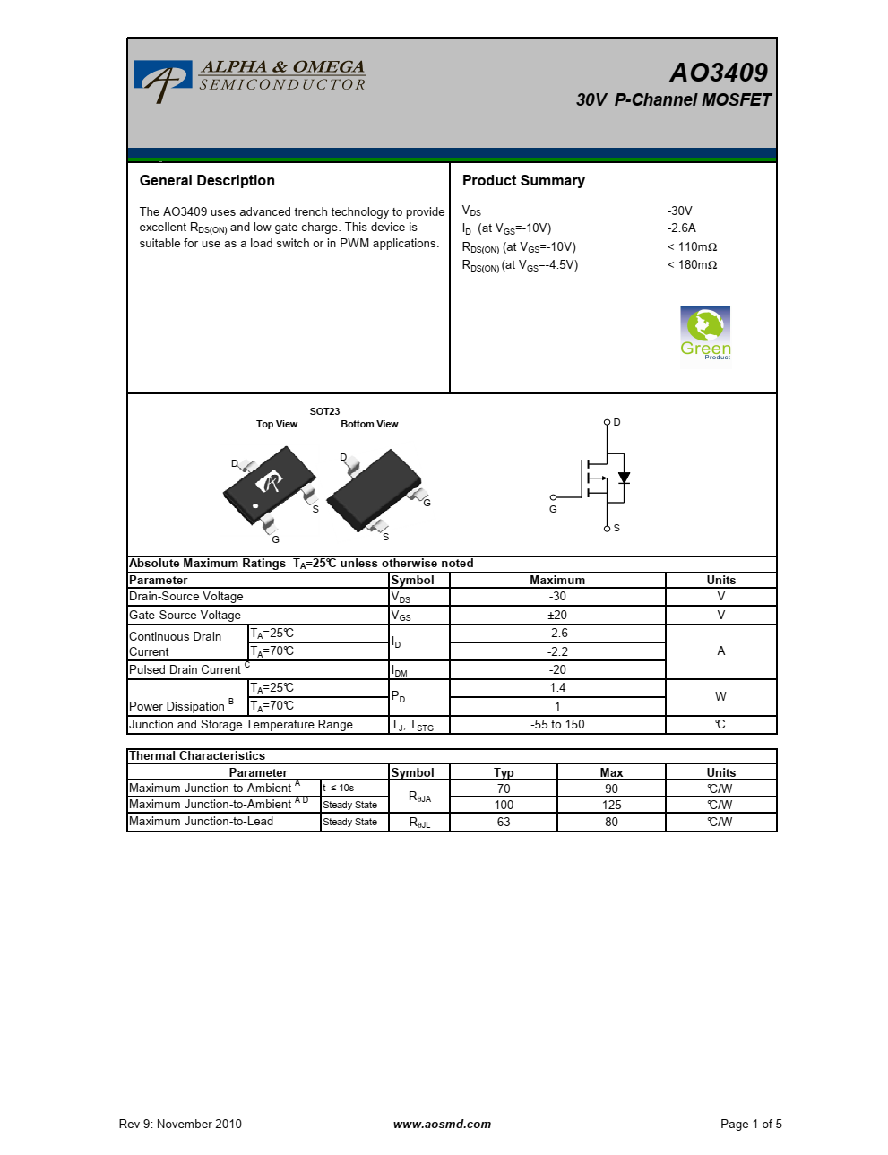 AO3409采用先进的沟槽技术，提供优良的RD（ON）和低栅极电荷采用先进的沟槽技术