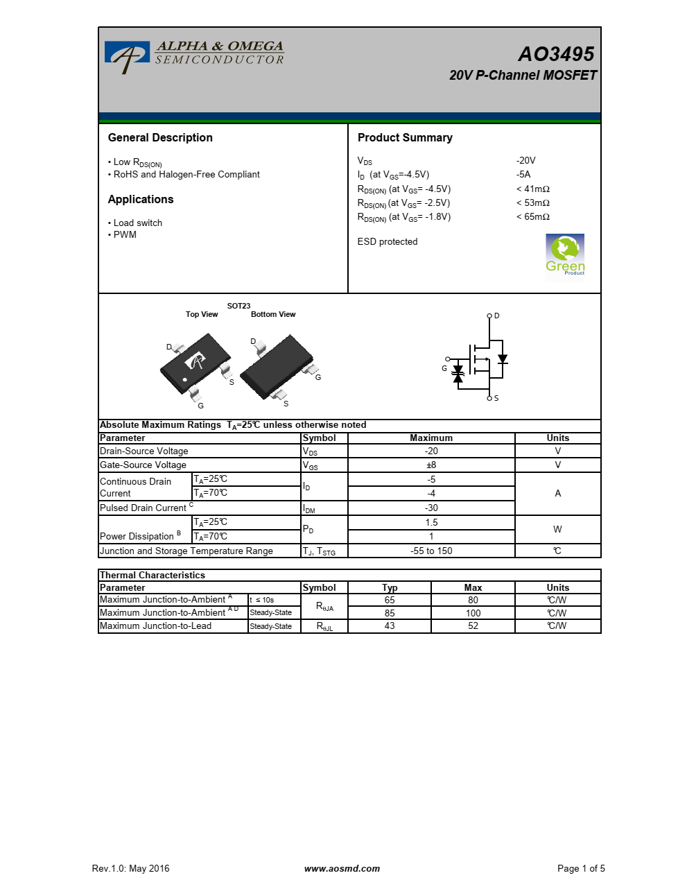 AO3495 20V P沟道MOSFET