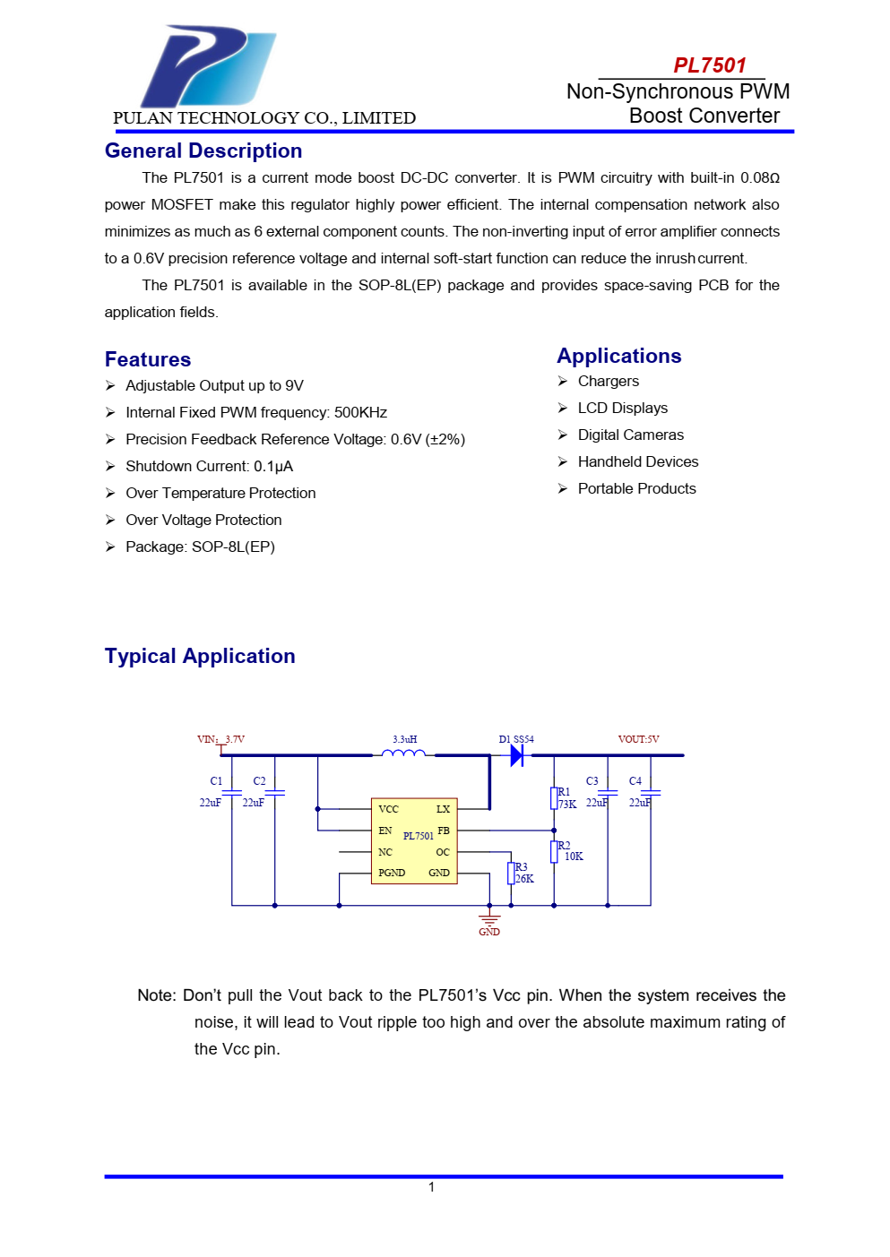 PL7501是一种电流模式升压DC-DC转换器。它是内置0.08的PWM电路Ω  功率MOSFET使该稳压器具有很高的功率效率
