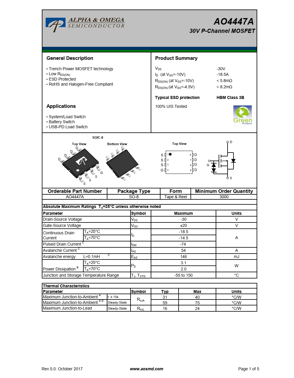 AO4447A 30V P沟道MOSFET