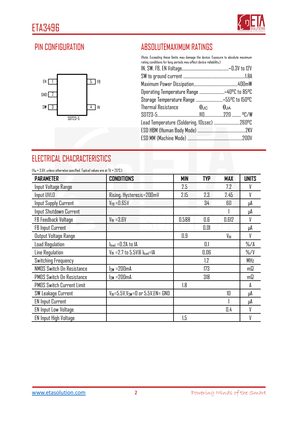ETA3496是一款高效率的产品。DC-TO-DC降压开关调节器，能够提供高达L 2A的输出电流