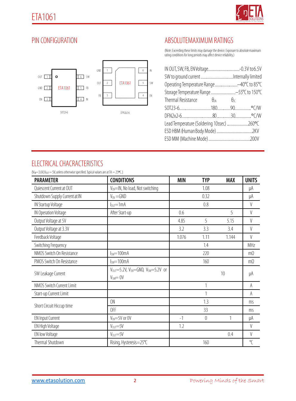 ETA1061是一种高效的同步升压转换器，具有超低的静态电流，低至PA
