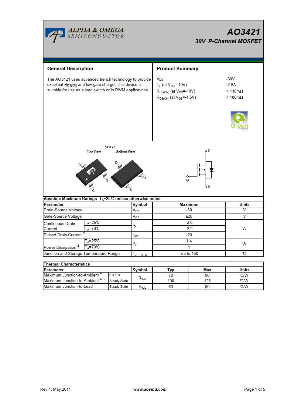 AO3421  30V P沟道MOSFET