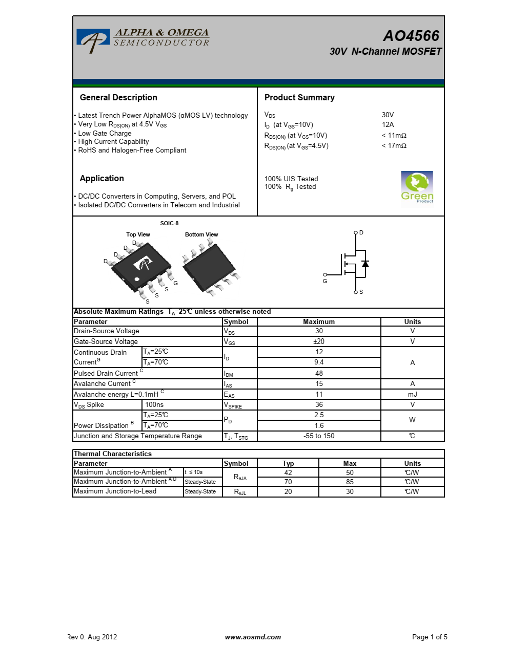 AO4566 30V N沟道MOSFET