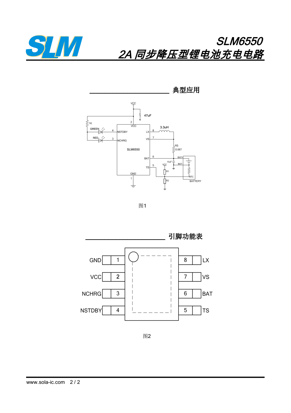 SLM6550 是一款面向5V交流适配器的2A锂 离子电池充电器