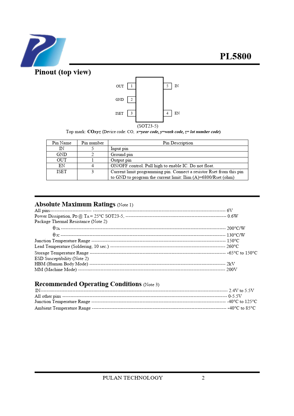 PL5800开发超低Rds（on）开关，具有  可编程限流保护电源  源于过电流和短路条件