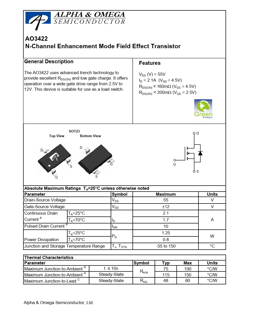 AO3422采用先进的沟槽技术提供出色的RDS（ON）和较低的栅极电荷