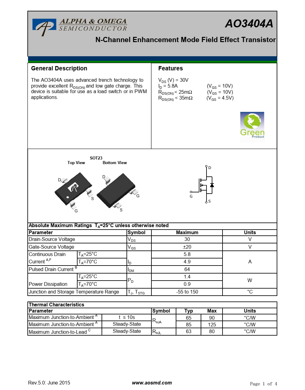 AO3404A采用先进的沟槽技术提供卓越的TRDS（ON）和低栅极电荷