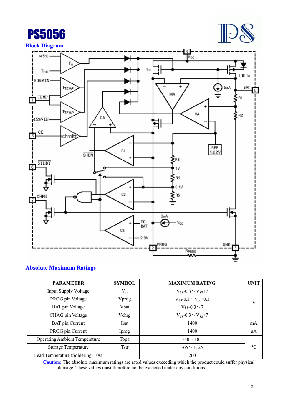 PS5056是一个完整的恒流和恒流传感器  单电池锂离子电池电压线性充电器