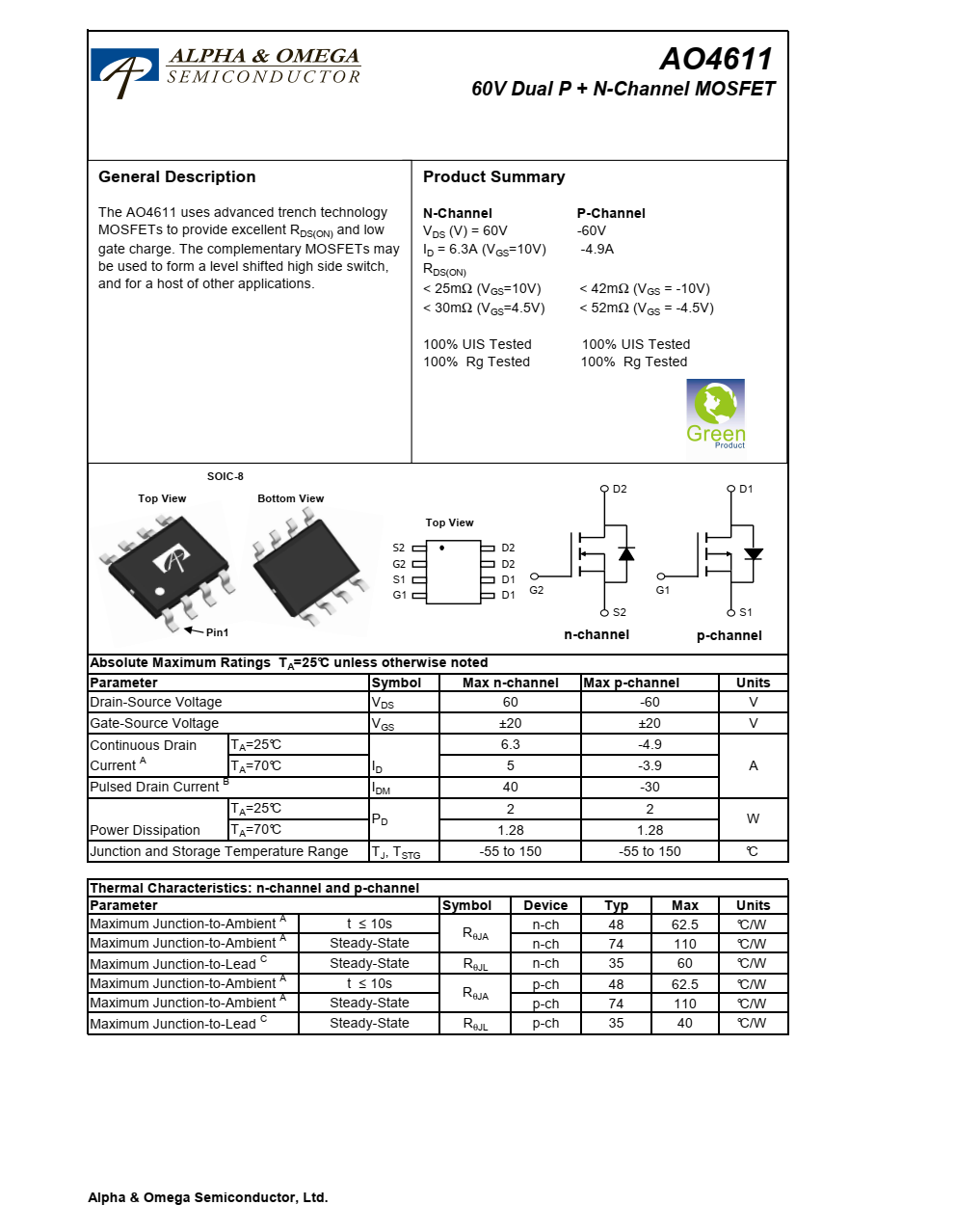 AO4611采用先进的沟槽技术  MOSFET提供出色的RDS（ON）