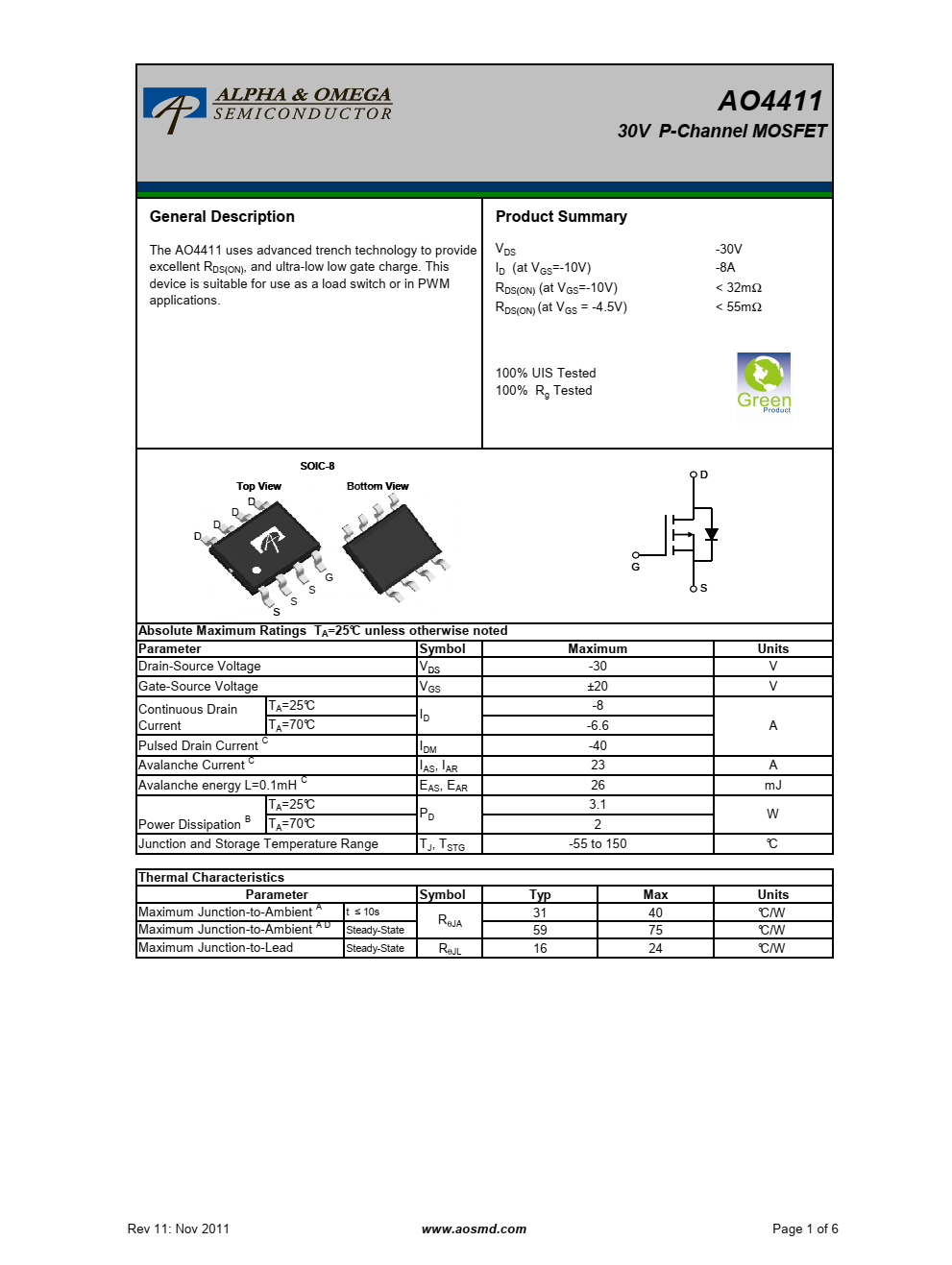 AO4411采用先进的沟槽技术提供卓越的RDS（ON）和超低栅极电荷