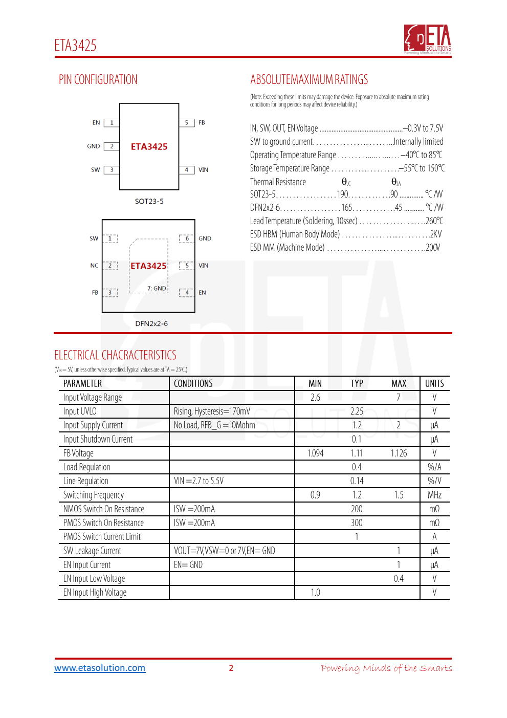 ETA3425是一款高效的DCTO-DC降压开关稳压器，能够提供高达0