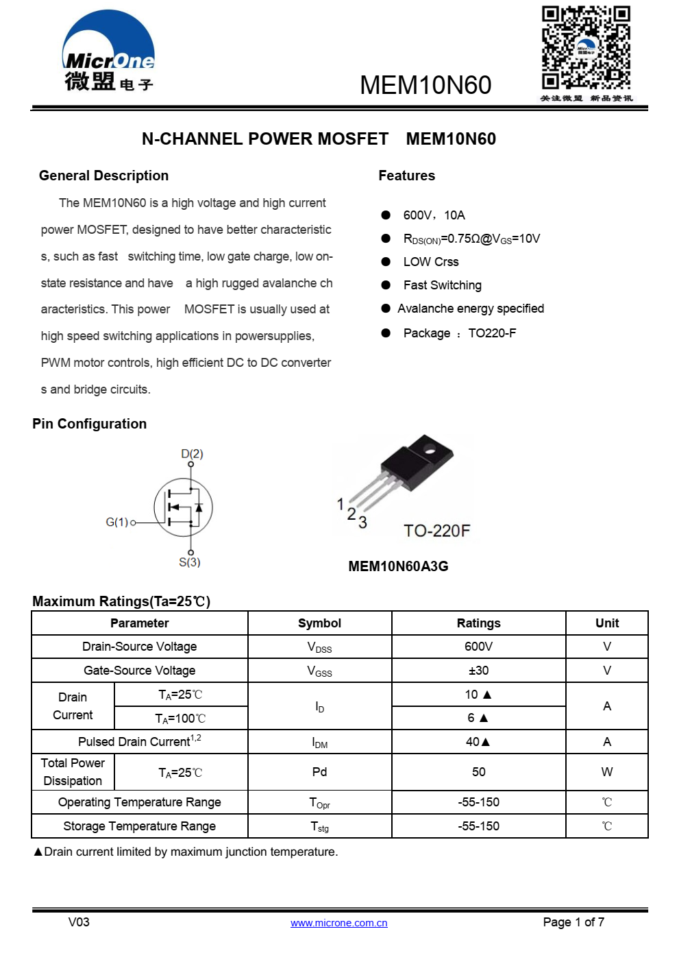 MEM10N60是一种高电压、大电流传感器  功率MOSFET，设计为具有更好的特性
