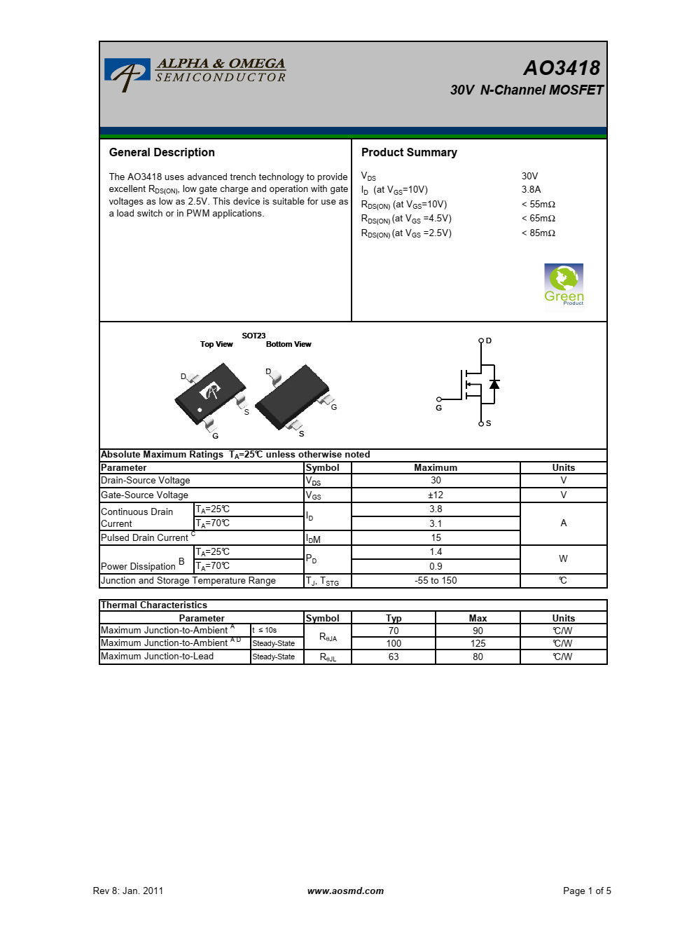 AO3418采用先进的沟槽技术，提供优良的RD（ON）、低栅极电荷和低至2.5V的栅极电压运行