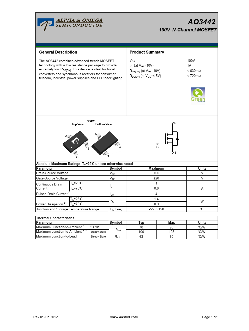 AO3442结合了先进的沟槽MOSFET技术和低电阻封装，提供极低的RDS（ON）