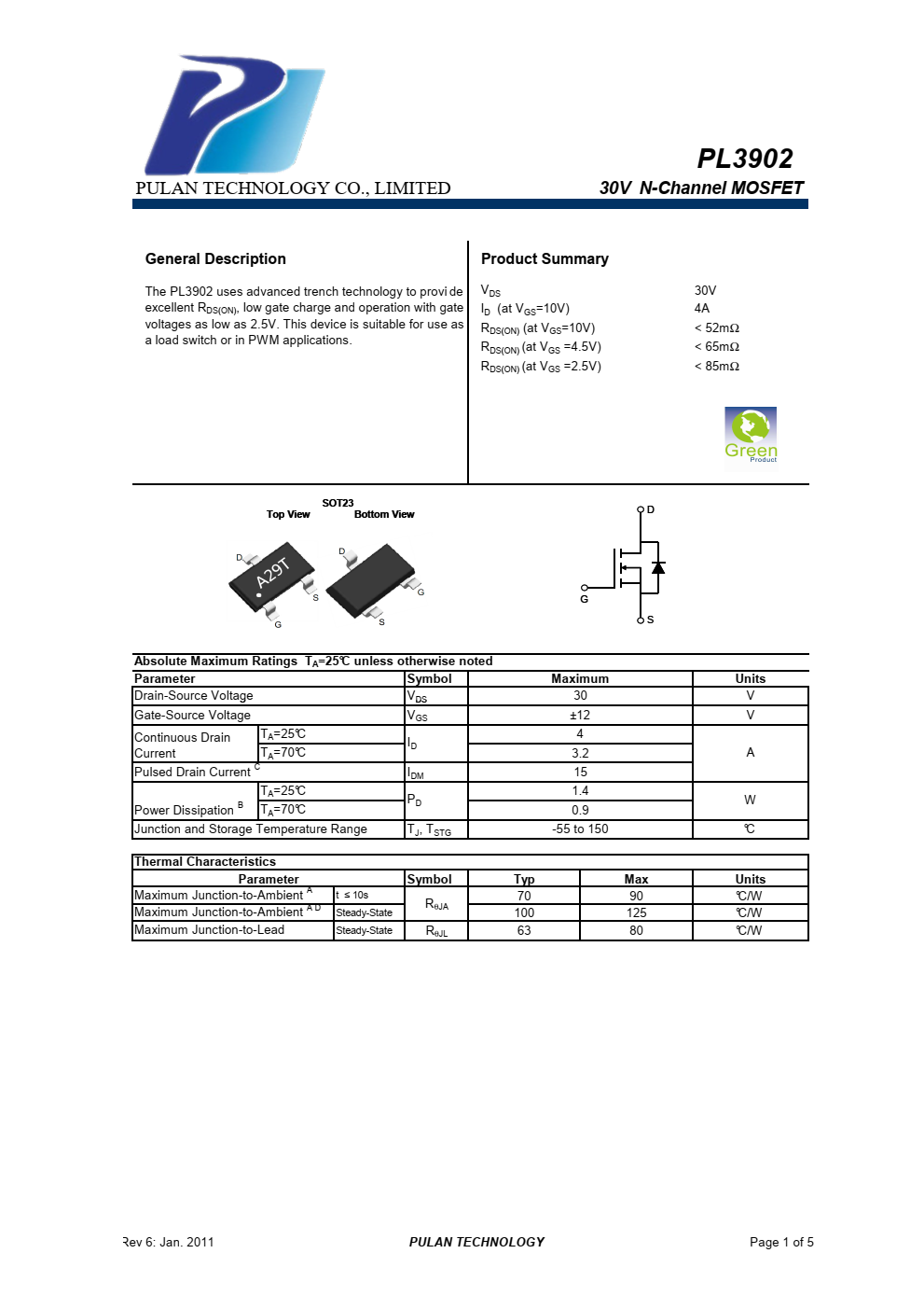 PL3902采用先进的沟槽技术提供  优秀的RDS（开启），低栅极电荷，带栅极运行  电压低至2.5V