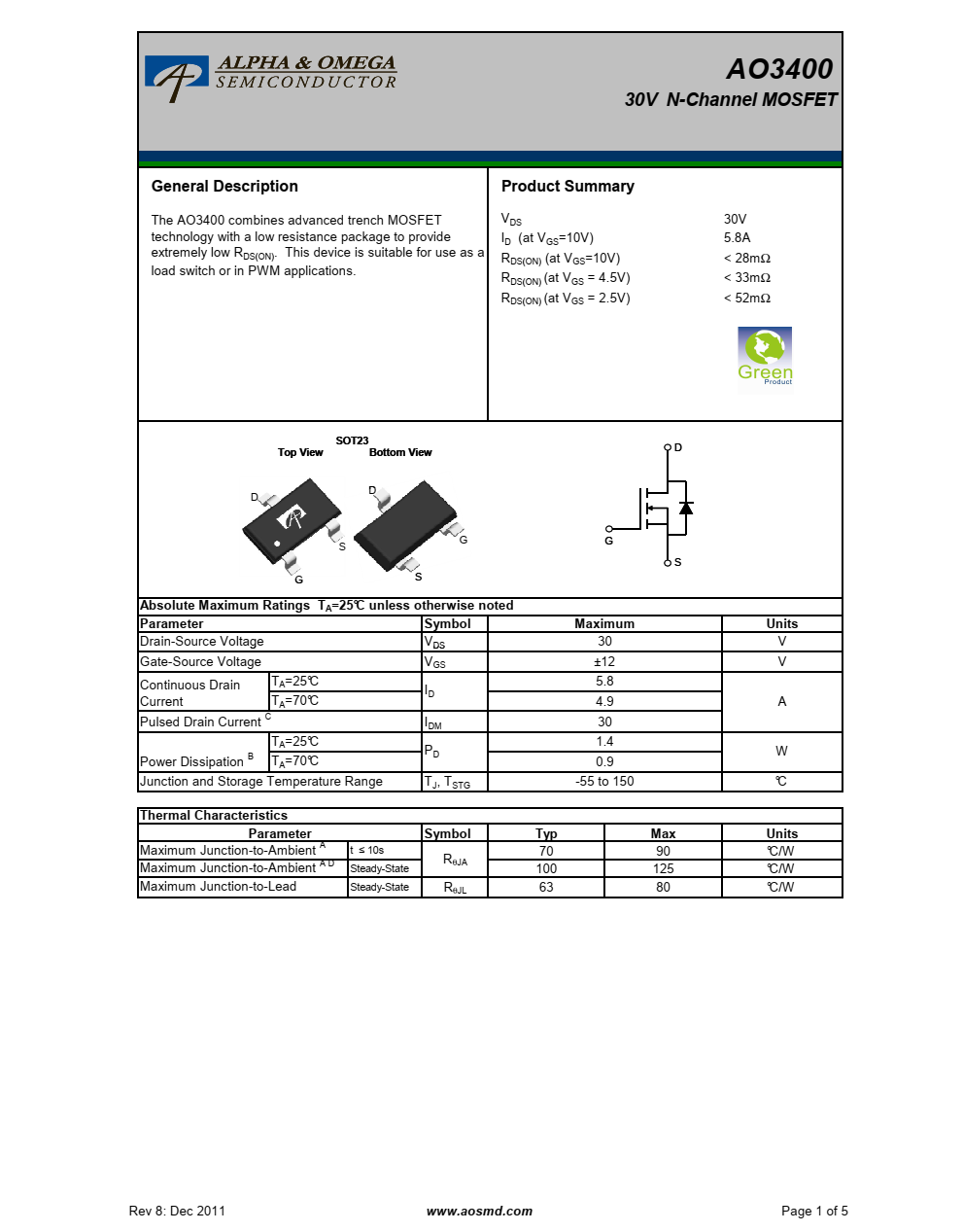 AO3400将先进的沟道MOSFET技术与低电阻封装相结合，提供极低的RDS（ON）
