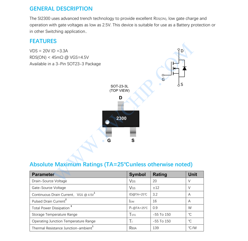 SI2300芯片N沟道增强型MOSFET 