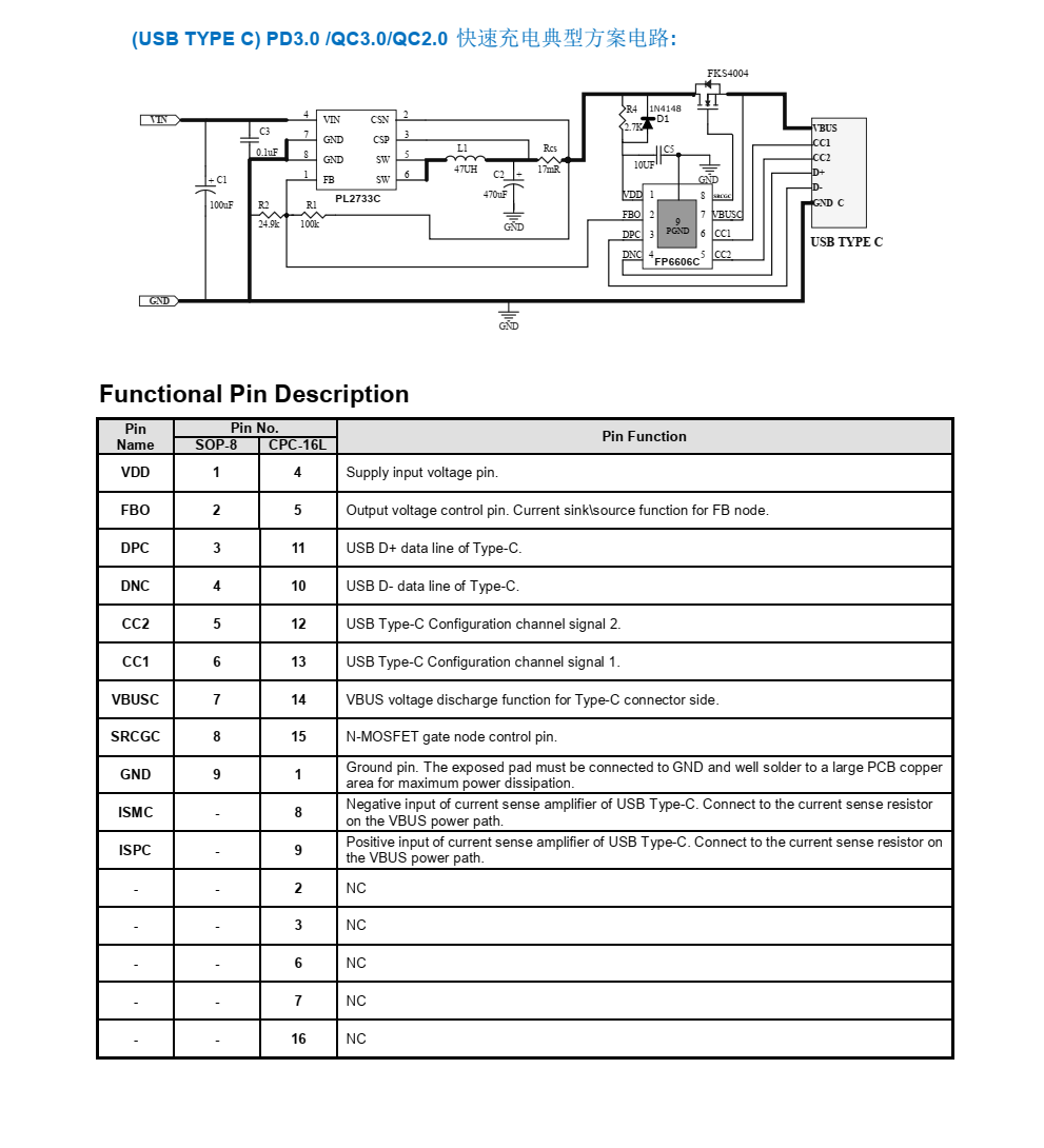 FP6606C是一种简化的USB电源 交付3.0协议控制器