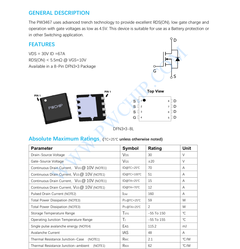 PW3467，N沟道增强型MOSFET