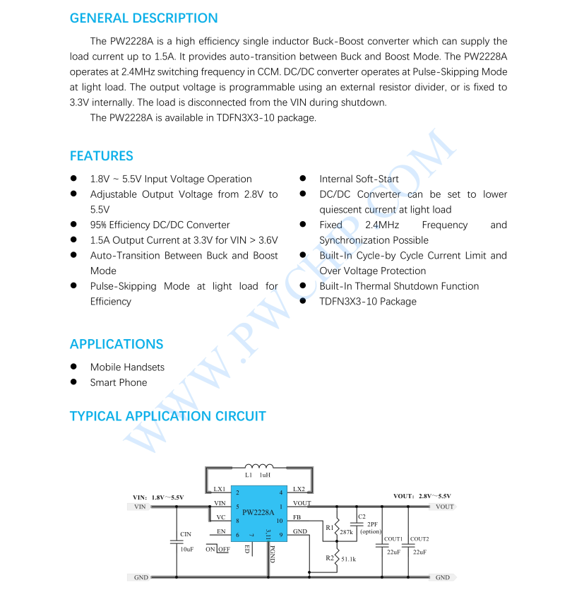 PW2228A芯片1.5A，高效率Buck-Boost变换器 