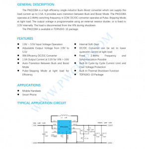 f_07bcdfe9be1a51688697844c460818c2.png PW2228A芯片1.5A,高效率Buck-Boost变换器
