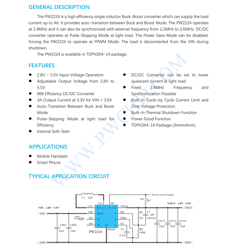 PW2224芯片高效率Buck-Boost变换器 