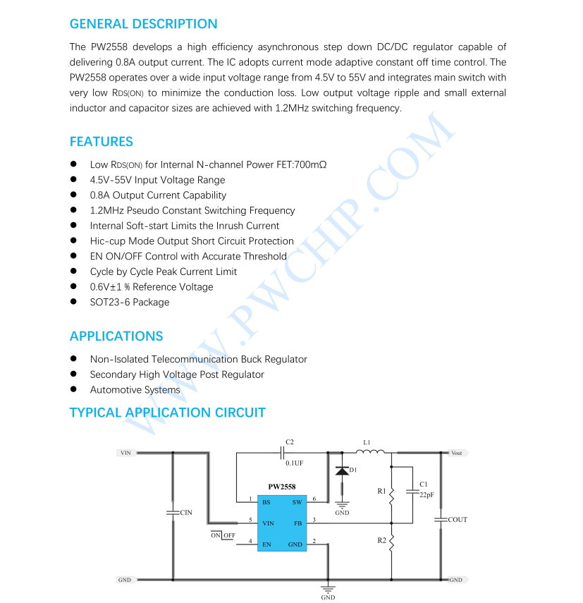 PW2558芯片0.8A， 异步降压调节器