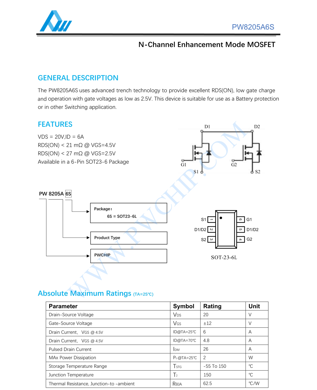 PW8205A6芯片N沟道增强型MOSFET