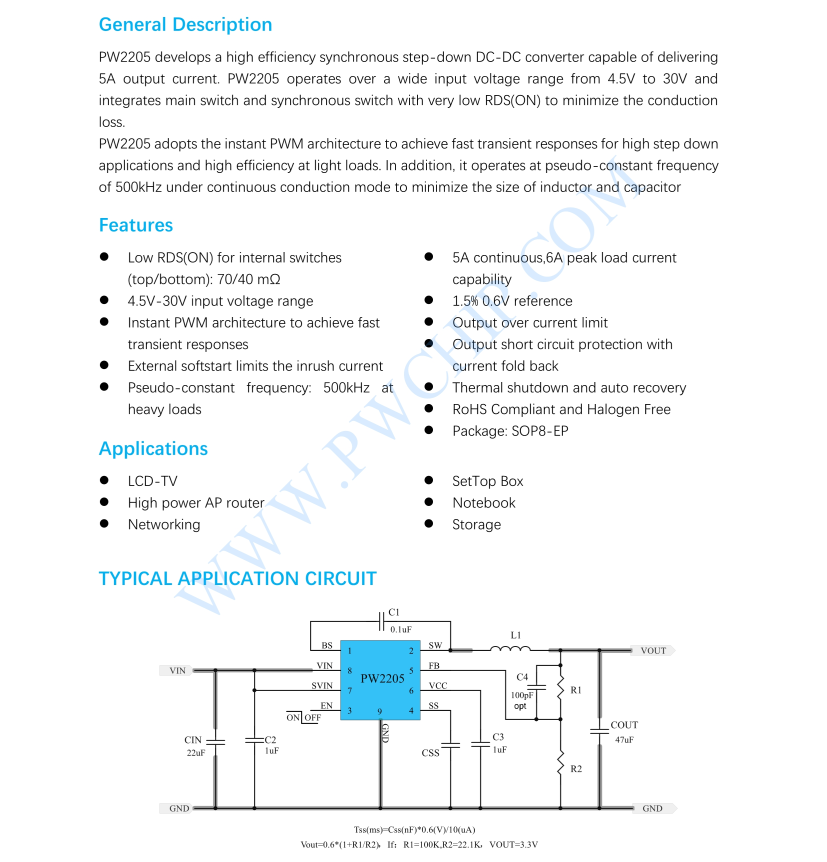 PW2205芯片5A，4.5V-30V输入同步降压调节器  