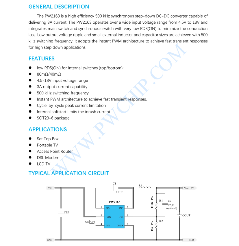 PW2163芯片3A，4.5V-18V输入同步降压调节器  