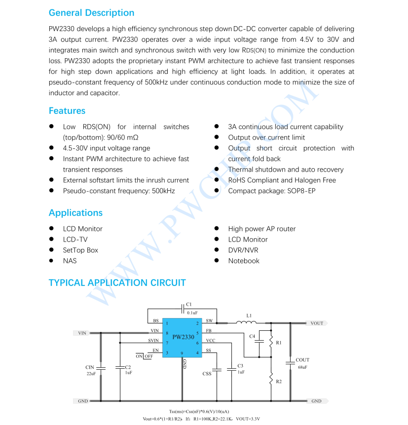 PW2330芯片3A， 同步降压调节器 