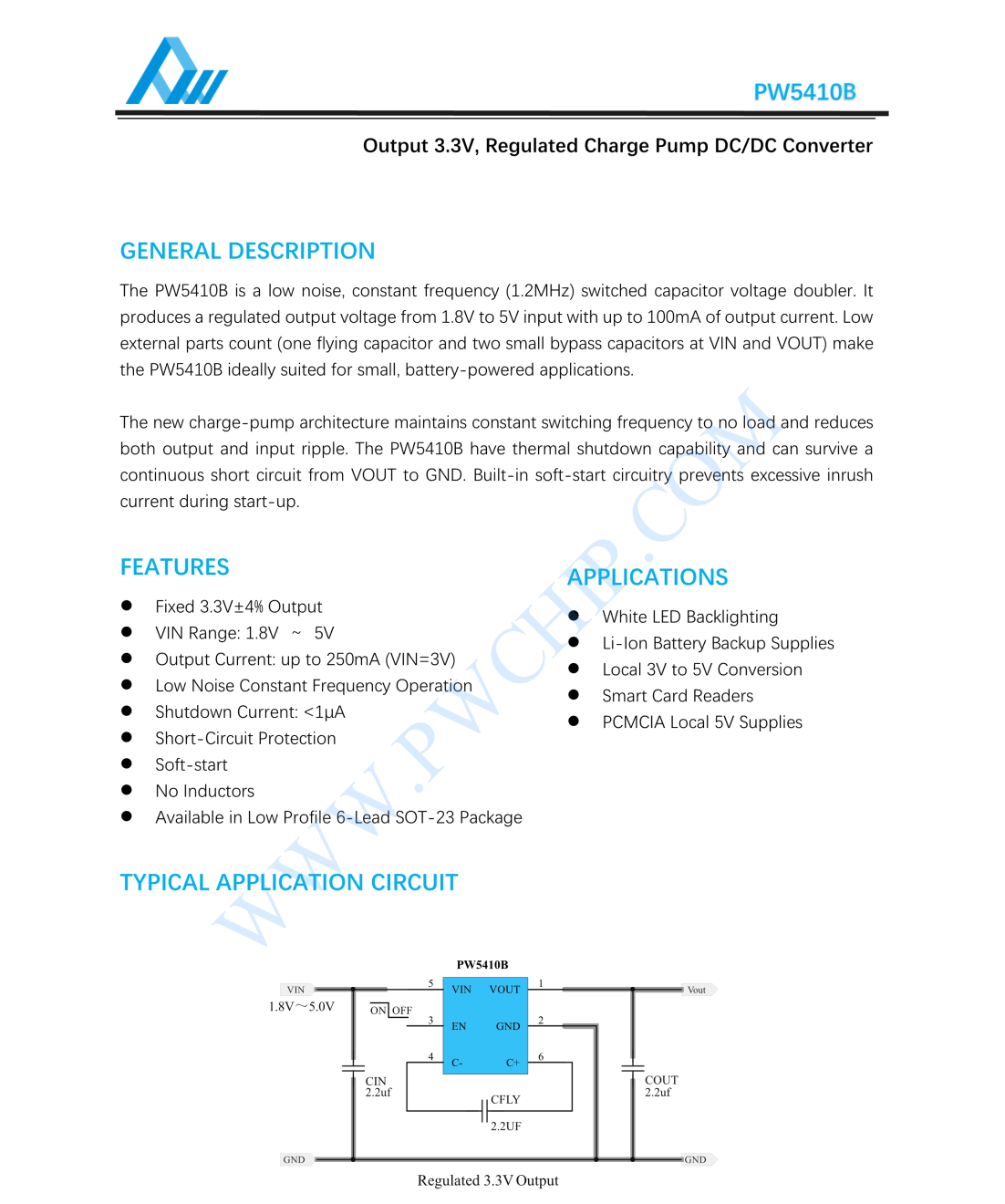 PW5410B输出3.3V，稳压电荷泵DC/DC转换器