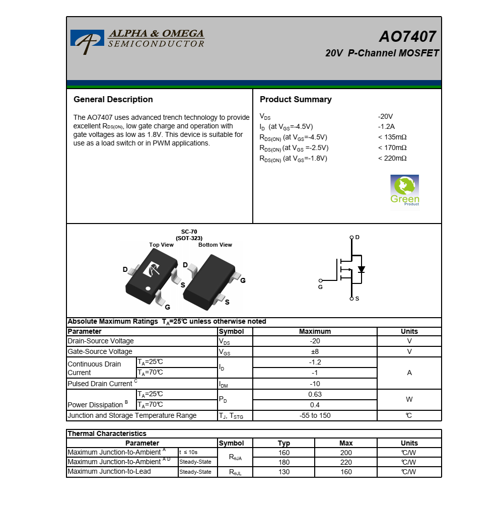 AO7407全新现货支持，品牌美国万代SOT-323封装