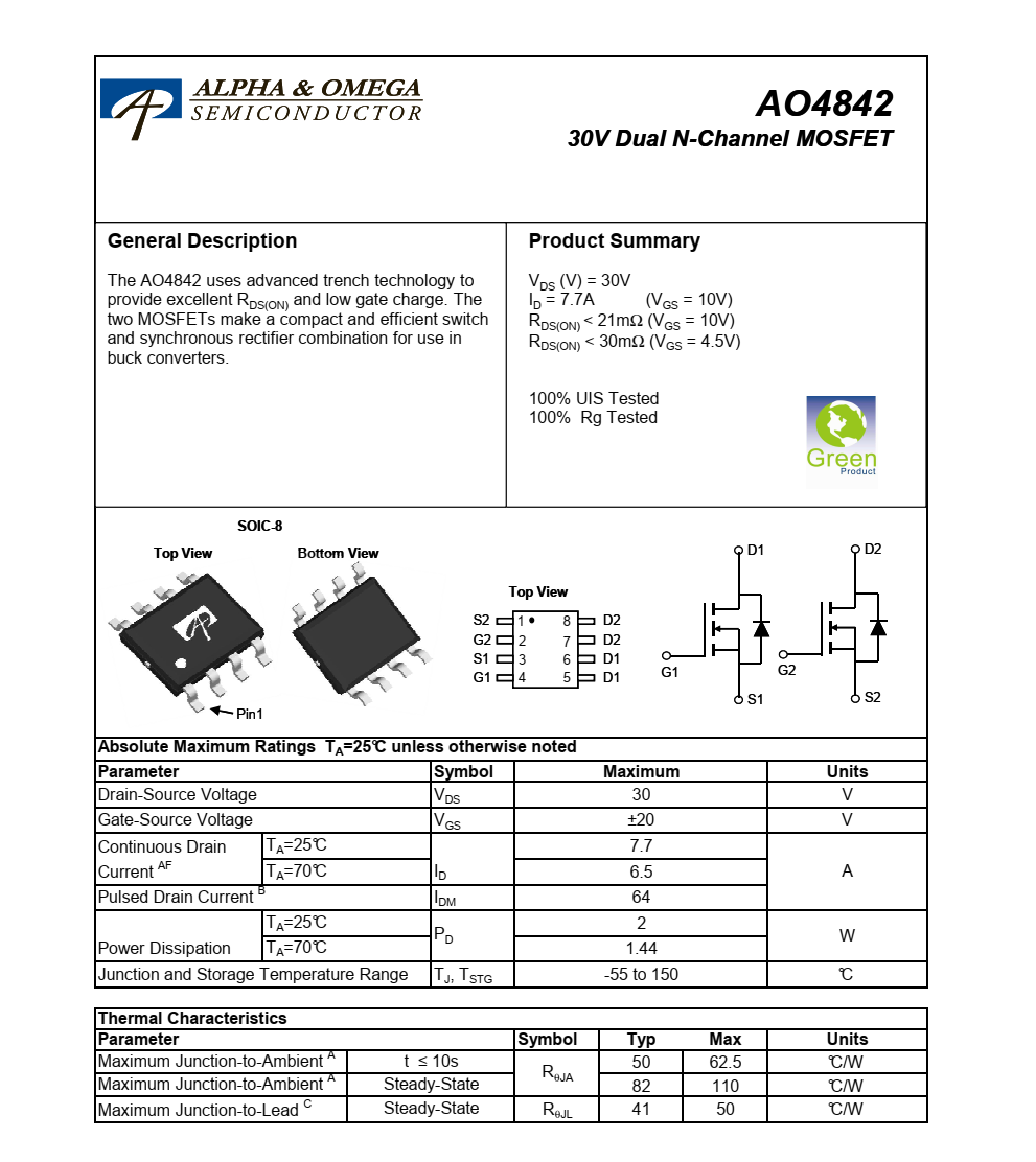 全新正品供应AO4842品牌美国万代SOIC-8封装
